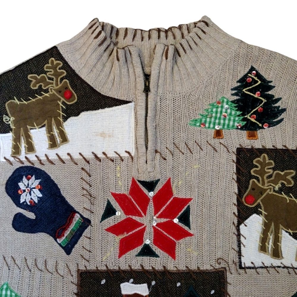 VTG 90s Beige Ugly Christmas Embroidered Quarter Zip Sweater 2X - Picture 4 of 15